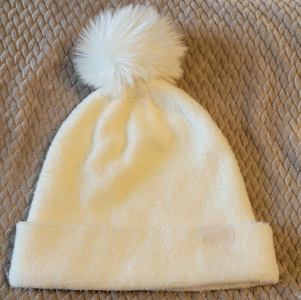 North Face Women's Plush Pom Cream beanie hat